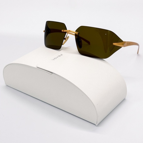 NEW PRADA SPR A55 15N01T GOLD GREEN RIMLESS PRA55S 15N01T UNISEX PRADA SUNGLASSE - Picture 2 of 11
